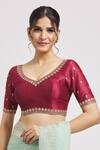 Buy_Samyukta Singhania_Purple Silk Embroidery V-neck Floral Blouse _Online_at_Aza_Fashions