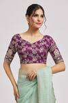 Buy_Samyukta Singhania_Purple Brocade Embroidery V-neck Floral Pattern Blouse_at_Aza_Fashions
