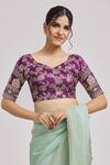 Buy_Samyukta Singhania_Purple Brocade Embroidery V-neck Floral Pattern Blouse_Online_at_Aza_Fashions