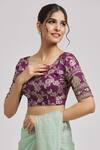 Shop_Samyukta Singhania_Purple Brocade Embroidery V-neck Floral Pattern Blouse_Online_at_Aza_Fashions