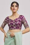 Samyukta Singhania_Purple Brocade Embroidery V-neck Floral Pattern Blouse_at_Aza_Fashions