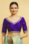 Buy_Samyukta Singhania_Purple Mulberry Silk Embroidery Floral Motif V Neck Blouse _at_Aza_Fashions