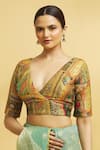 Buy_Samyukta Singhania_Green Brocade Blossom Art Plunging V Neck Woven Blouse _Online_at_Aza_Fashions