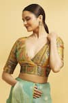 Shop_Samyukta Singhania_Green Brocade Blossom Art Plunging V Neck Woven Blouse _Online_at_Aza_Fashions