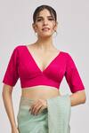 Buy_Samyukta Singhania_Pink Silk Plunge Neck V Blouse _at_Aza_Fashions
