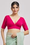 Samyukta Singhania_Pink Silk Plunge Neck V Blouse _at_Aza_Fashions