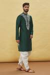 Buy_Arihant Rai Sinha_Green Silk Embroidery Thread Placket Kurta Set_Online_at_Aza_Fashions