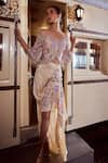 Buy_Rococo_Beige Organza Embroidered Thread Verdant Sequin Floral Top With Draped Skirt _at_Aza_Fashions