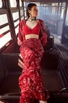 Buy_Rococo_Red Net Embroidered Sequins Bustier V Neck Genesis Ruffle Jacket Sharara Set _at_Aza_Fashions