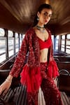 Rococo_Red Net Embroidered Sequins Bustier V Neck Genesis Ruffle Jacket Sharara Set _Online_at_Aza_Fashions