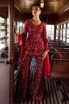 Buy_Rococo_Maroon Net Embroidered Thread V Neck Sequoia Slit Tunic Sharara Set  _at_Aza_Fashions