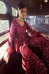 Rococo_Maroon Net Embroidered Thread V Neck Sequoia Slit Tunic Sharara Set  _Online_at_Aza_Fashions