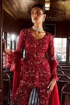 Buy_Rococo_Maroon Net Embroidered Thread V Neck Sequoia Slit Tunic Sharara Set  _Online_at_Aza_Fashions