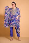 Buy_Seams Pret And Couture_Blue Georgette, Satin Embroidery Azure Floral Print Kaftan Tunic And Pant Set _at_Aza_Fashions