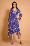 Buy_Seams Pret And Couture_Blue Georgette, Satin Embroidery V-neck Calendonia Asymmetric Dress _at_Aza_Fashions