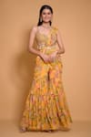 Buy_Seams Pret And Couture_Yellow Georgette Printed Floral Leaf Tifara Sharara Saree With Blouse _at_Aza_Fashions