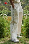 Shop_AHMEV_Ivory Cotton Floral Side Panel Trousers _at_Aza_Fashions