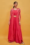 Buy_Sandhya Shah_Coral Cape Organza Hand Embroidered Cutdana Round Lehenga Set _at_Aza_Fashions