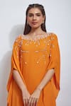 Sandhya Shah_Orange Double Georgette Hand Embroidered Cutdana Yoke Kaftan And Palazzo Set _Online_at_Aza_Fashions