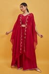 Buy_Sandhya Shah_Red Cape Organza Hand Embroidered Cutdana V Neck Palazzo Set _at_Aza_Fashions