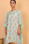 Nazar By Indu_Blue Cotton, Georgette Boat Neck Floral Pattern Kaftan And Pant Set _at_Aza_Fashions