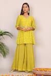 Buy_Nazar By Indu_Yellow Cotton Embroidery V-neck Floral Pattern Kurta And Palazzo Set _at_Aza_Fashions