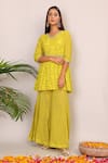 Nazar By Indu_Yellow Cotton Embroidery V-neck Floral Pattern Kurta And Palazzo Set _Online_at_Aza_Fashions