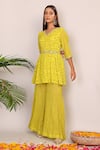 Buy_Nazar By Indu_Yellow Cotton Embroidery V-neck Floral Pattern Kurta And Palazzo Set _Online_at_Aza_Fashions