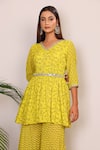 Shop_Nazar By Indu_Yellow Cotton Embroidery V-neck Floral Pattern Kurta And Palazzo Set _Online_at_Aza_Fashions