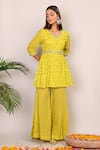 Nazar By Indu_Yellow Cotton Embroidery V-neck Floral Pattern Kurta And Palazzo Set _at_Aza_Fashions
