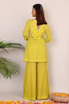 Shop_Nazar By Indu_Yellow Cotton Embroidery, Zari V-neck Kundan Work Peplum Top And Palazzo Set _at_Aza_Fashions