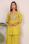 Nazar By Indu_Yellow Cotton Embroidery, Zari V-neck Kundan Work Peplum Top And Palazzo Set _at_Aza_Fashions
