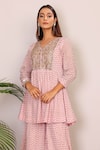 Nazar By Indu_Pink Cotton Embroidery V-neck Block Print Peplum Top And Palazzo Set _at_Aza_Fashions
