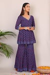 Buy_Nazar By Indu_Purple Cotton Embroidery V-neck Floral Block Print Peplum Top And Palazzo Set _at_Aza_Fashions