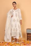 Buy_Nazar By Indu_White Cotton Embroidery Split V-neck Floral Block Print Anarkali Pant Set _at_Aza_Fashions
