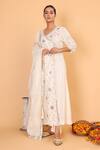 Nazar By Indu_Off White Cotton Mirrors V-neck Work Angrakha And Pant Set _Online_at_Aza_Fashions
