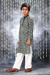 LittleCheer_Grey Cotton Handblock Floral Vine Print Kurta With Pant _Online_at_Aza_Fashions