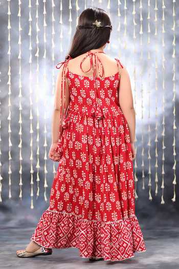 Shop_Littlecheer_Red Cotton Gota Patti Jaipuri Ikat Floral Motif Print Maxi Dress _at_Aza_Fashions