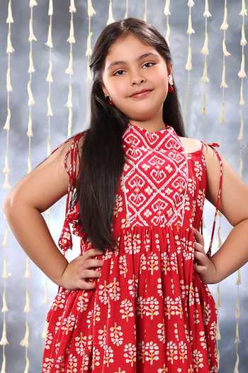 Littlecheer_Red Cotton Gota Patti Jaipuri Ikat Floral Motif Print Maxi Dress _Online_at_Aza_Fashions