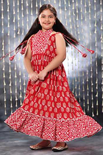 Buy_Littlecheer_Red Cotton Gota Patti Jaipuri Ikat Floral Motif Print Maxi Dress _Online_at_Aza_Fashions