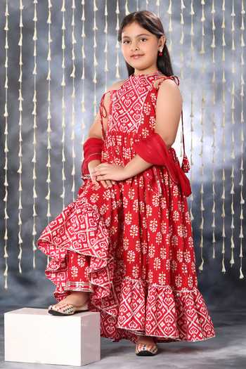 Shop_Littlecheer_Red Cotton Gota Patti Jaipuri Ikat Floral Motif Print Maxi Dress _Online_at_Aza_Fashions