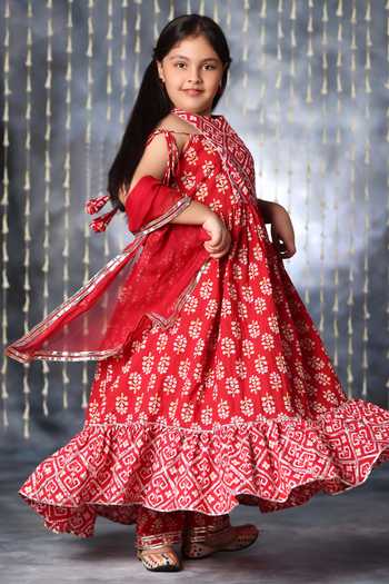 Littlecheer_Red Cotton Gota Patti Jaipuri Ikat Floral Motif Print Maxi Dress _at_Aza_Fashions