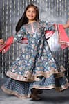 LittleCheer_Blue Cotton Jaipuri Flora Double Anarkali Palazzo Set _at_Aza_Fashions