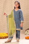 Buy_Littlecheer_Blue Cotton, Chiffon Gota Patti Jaipuri Wildflora Print Kurti Pant Set _at_Aza_Fashions