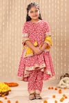 Buy_Littlecheer_Red Cotton, Chiffon Jaipuri Ikat Handblock Print High Low Anarkarli Pant Set _at_Aza_Fashions