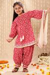 Littlecheer_Red Cotton, Chiffon Gota Patti Jaipuri Ikat Handblock Print Kurta Set _Online_at_Aza_Fashions