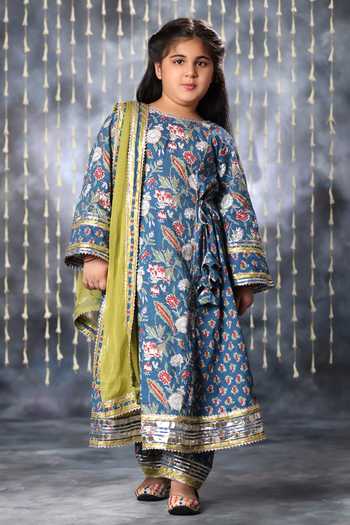 Shop_Littlecheer_Blue Cotton, Chiffon Gota Patti Jaipuri Bloom Garden Print Flared Kurta Pant Set _Online_at_Aza_Fashions