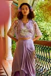 1999AD By Amita & Deepak_Purple Organza Embroidery Pearl Jacket Open Bloom Draped Skirt Set_Online_at_Aza_Fashions