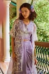 Shop_1999AD By Amita & Deepak_Purple Organza Embroidery Pearl Jacket Open Bloom Draped Skirt Set_Online_at_Aza_Fashions