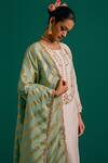 Anantaa By Roohi_Pink Silk, Chanderi Embroidery, Sequins Round Neck Placement Kurta Pant Set _Online
